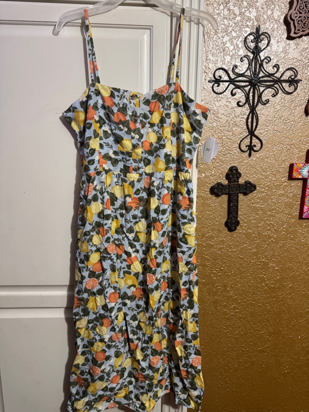 dip Citrus Floral Spaghetti-Strap Midi Dress in Yellow, Orange & Green